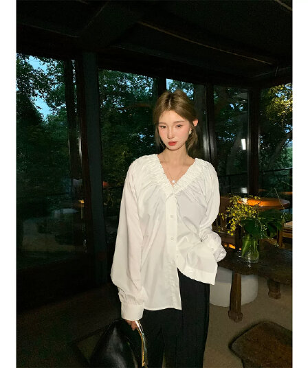 두꺼운 모래 워시 사선 무늬 원단 부드러운 품격 프릴 v 칼라 거품 소매 단색 싱글 줄 버튼 여성 셔츠