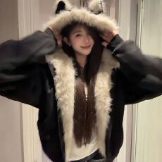 批发黑色麂皮毛领座山雕猫耳朵连帽外套<b class='q'>男</b>女冬季加绒加厚情侣棉衣棉服