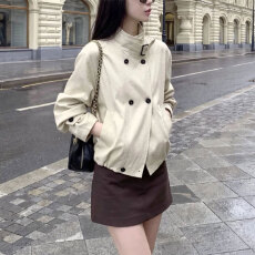 批发乐丽思斜纹面料+内里 <b class='q'>春</b>秋新品立领双排扣短款百搭风衣外套女
