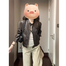 批发PU皮面料+内里 复古肌理感立领机车短款皮衣女夹克