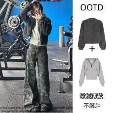 美式秋冬叠穿两件套高级短款夹克外套女灰色长袖连帽卫衣宽松上衣
