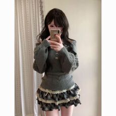 批发古早奈奈风秋<b class='q'>冬</b>新款古早感萌萌兔耳领收腰修身毛衣学院针织衫上衣