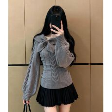 批发原创秋冬古早vintage<b class='q'>毛衣</b>奈奈风秋冬学院风兔耳套头收腰针织衫女