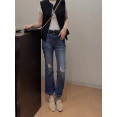 批发2026夏新款复古破洞微喇牛仔裤女高腰修身显瘦<b class='q'>九分</b>喇叭裤