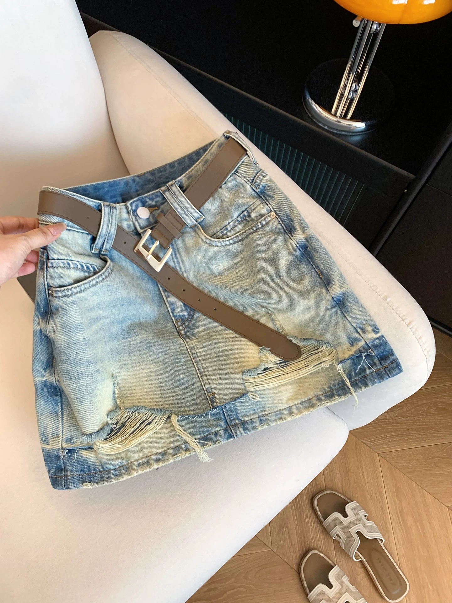 蓝色高腰做旧水洗破洞复古a字牛仔短裙女夏季显瘦设计感半身裙子   服裝批發女裝批發服飾貨源