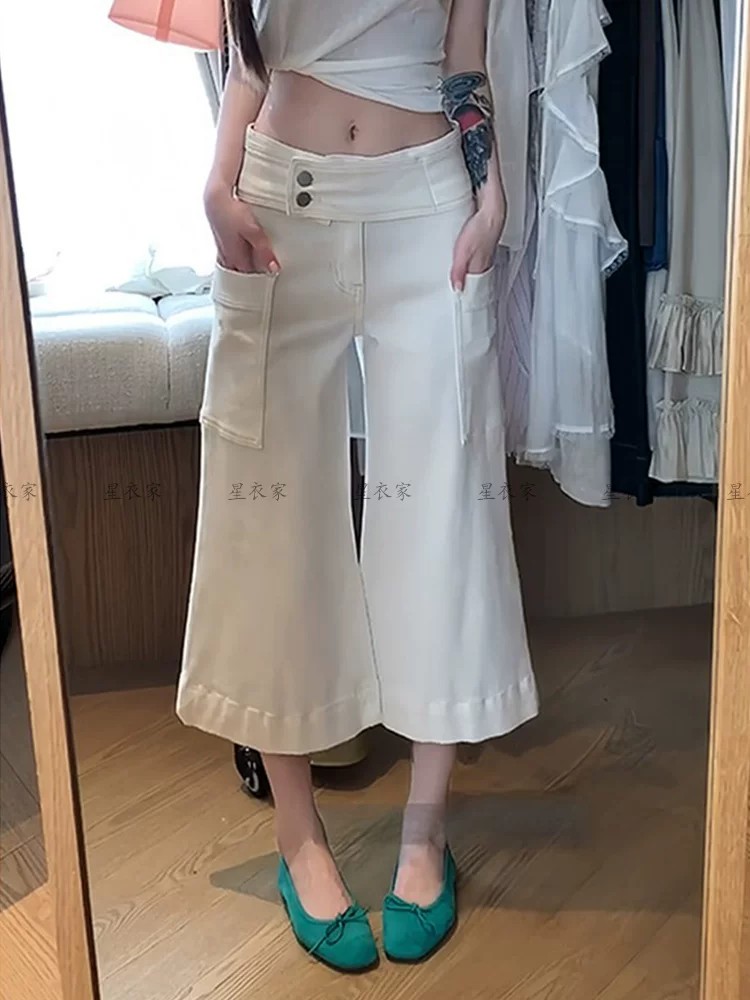 美式复古辣妹设计感大口袋牛仔裤子女夏季新款宽松显瘦微喇七分裤   服裝批發女裝批發服飾貨源