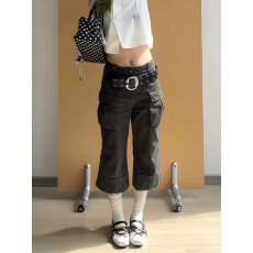 批发美式街头大码水洗复古多口袋微喇工装牛仔七分裤女修身显瘦喇叭裤