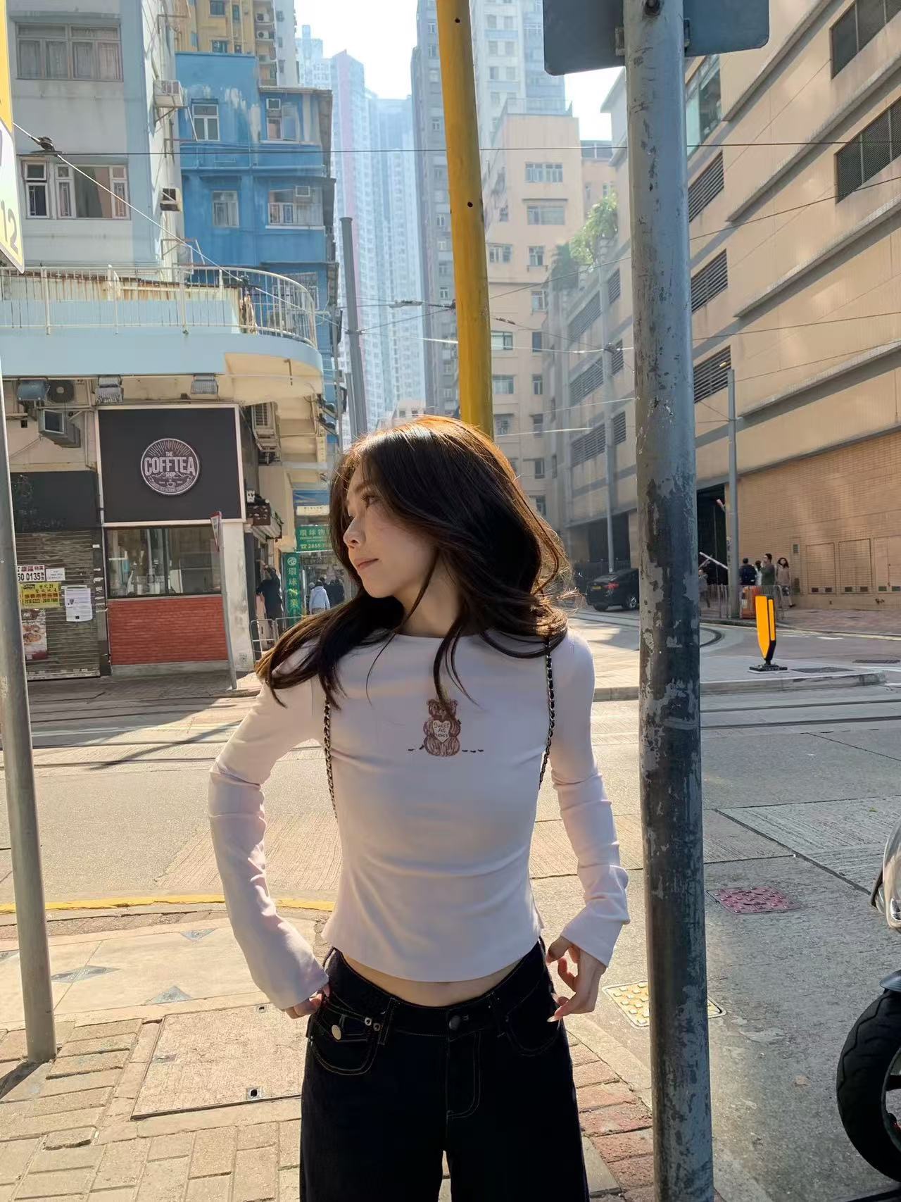 황색 오직 오직 zzpalette 달콤한 콩 작은 곰 멩 부서 만화 프린트 몸매 가꾸기 라운드 넥 티셔츠