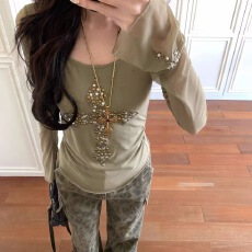 批发狂野圣序十字架柳丁网纱长袖<b class='q'>T</b><b class='q'>恤</b><b class='q'>女</b>春季新款设计<b class='q'>欧美</b>辣妹修身上衣