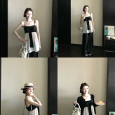 批发Skk Store jennie山茶香氛 小香<b class='q'>真丝</b>桑蚕丝撞色拼接蝴蝶结吊带女