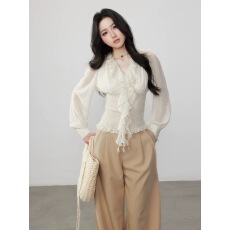 批发誉芝yuzhi 气质优雅<b class='q'>波点</b><b class='q'>雪纺</b><b class='q'>衫</b>春夏新款飘带V领收腰显瘦长袖上衣