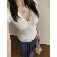 e go studio 桑丝羊毛混纺超细针V领褶皱细腻亲肤针织衫百搭上衣