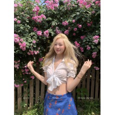 批发8uioio 卡农谱诗 法式提花绑带小衫女夏2026新款白色短袖<b class='q'>衬衫</b>上衣