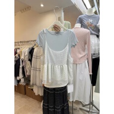 批发2026年夏季新款韩版<b class='q'>宽松</b>减龄两件套短袖T恤衫加波点娃娃吊带上衣