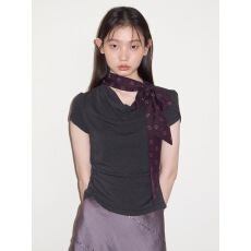 批发Sancuntai三寸苔 桃花丝带拼接挂脖荡领复古系带新中式短袖上衣