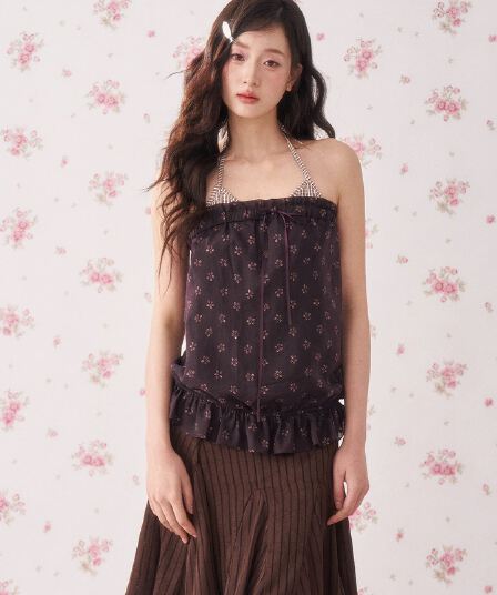 chaoschaos 80 주간 실크 여름 휴가 센스 레트로 작은 꽃무늬 레이스업 행침 목 튜브탑 민소매 작은 슬링
