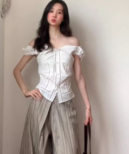 한 부서 몸매 가꾸기 반팔 여성 셔츠 여름 레이스 거품 소매 허리 수축 셔츠 학원 스타일 슬림해 보이는 핫걸 맨위