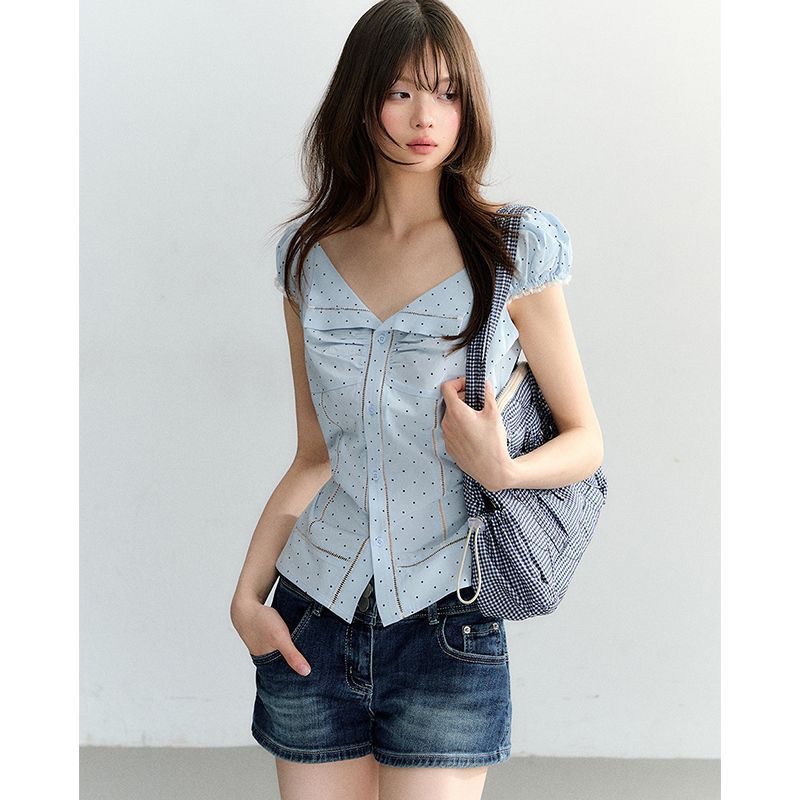 하늘색 도트 무늬 반팔 여성 셔츠 여름 착용 가져 가라. 레이스 거품 소매 허리 수축 셔츠 달콤함 한 첨부 된 의류