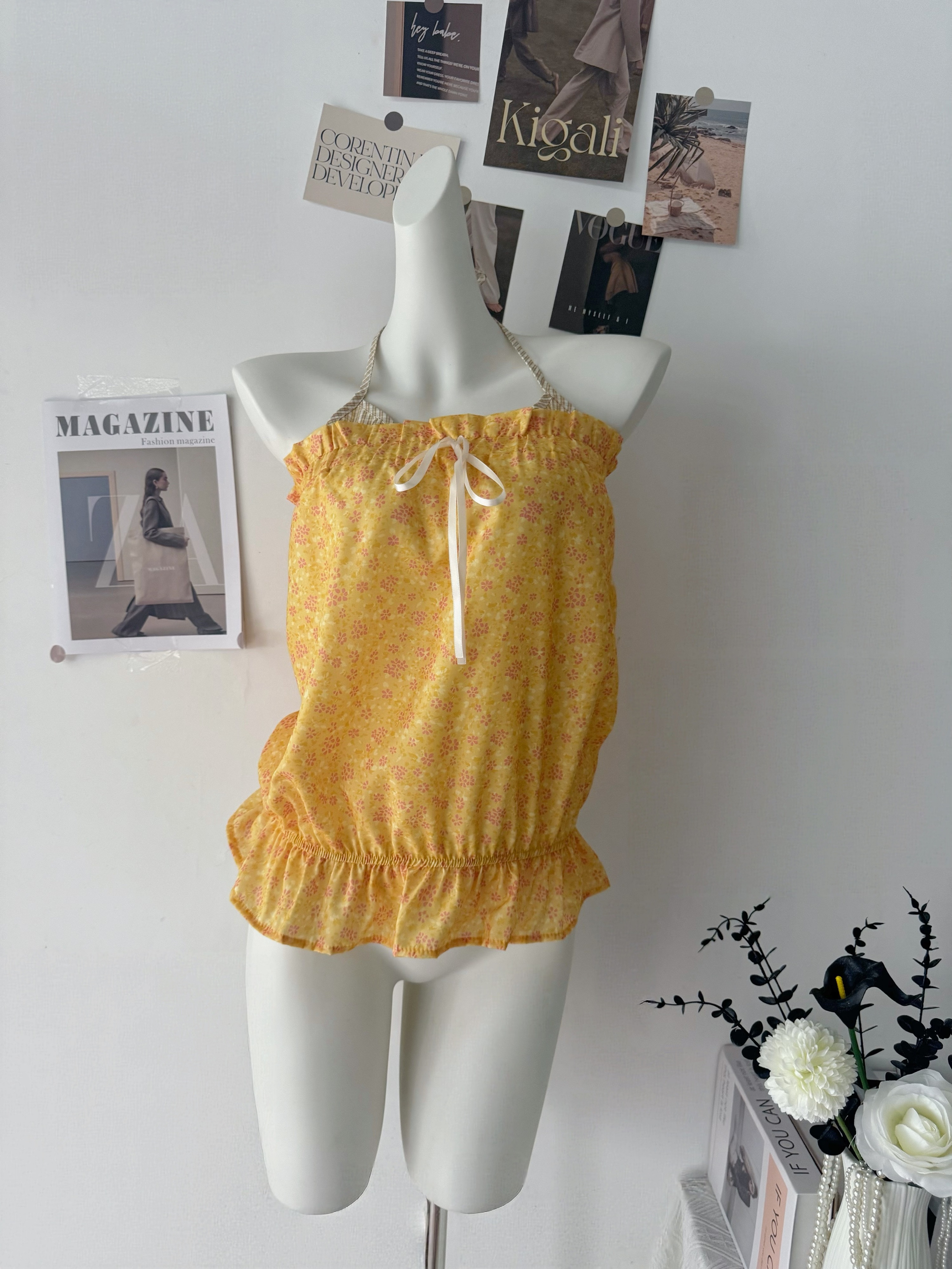 chaoschaos 80 주간 실크 여름 휴가 센스 레트로 작은 꽃무늬 레이스업 행침 목 튜브탑 민소매 작은 슬링