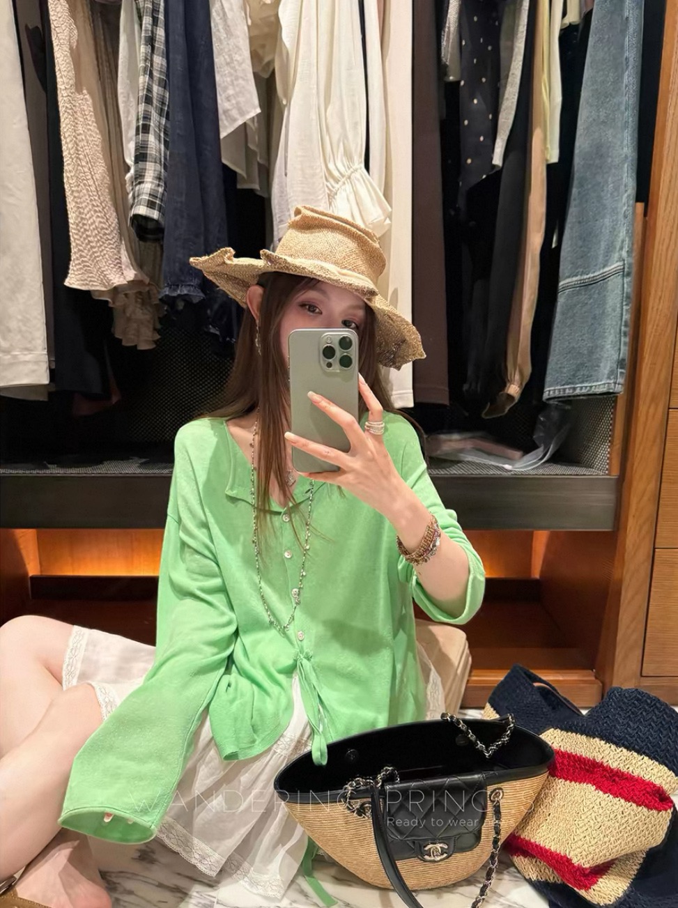 돈 미 서부 주간 실크 아마 얼음 실 자외선 차단 얇은 스타일 블라우스 전후 둘 착용 아름다운 얇고 가벼운 니트 긴 소매 오픈 가디건