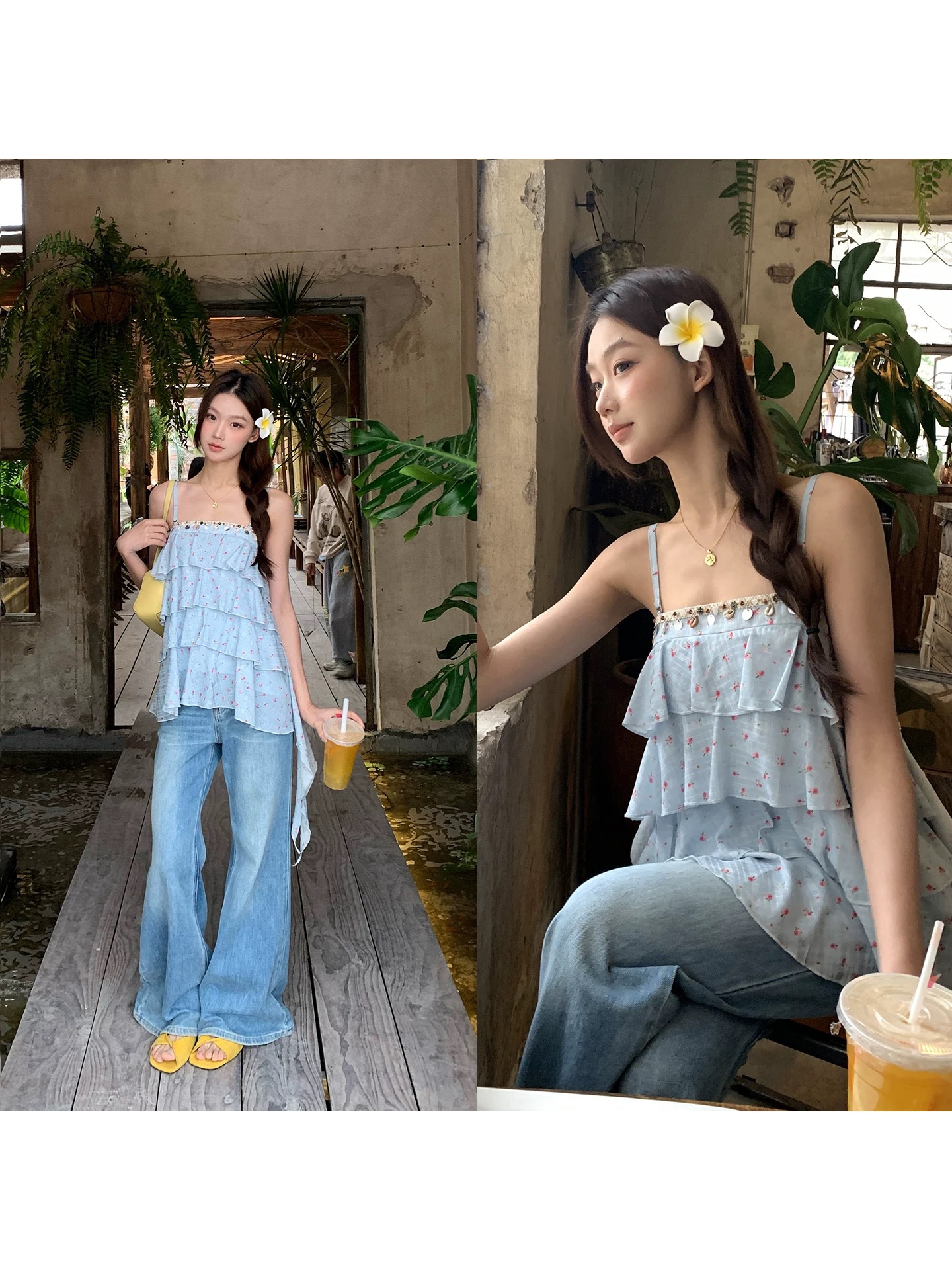 레드 맨 파빌리온 캐미솔 여름 외출용 아름다움 뒤로 몸매 가꾸기 파란색 꽃무늬 프랑스식 슬림해 보이는 민소매 행침 목 맨위 여성