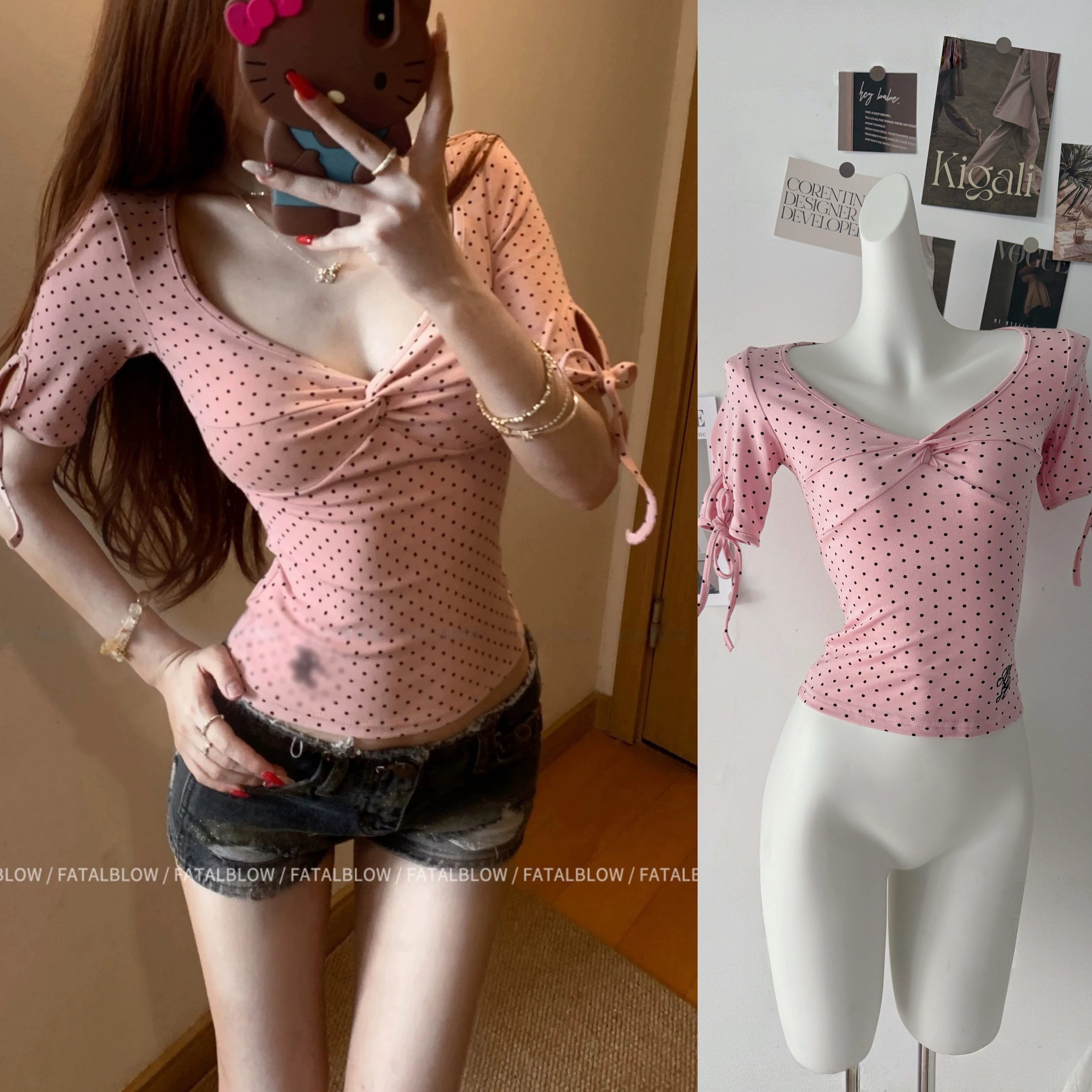 한 부서 핑크색 도트 무늬 비틀림 V넥 반팔 티셔츠 여성 여름 디자인 센스 몸매 가꾸기 쇼트 스타일 순수한 욕망 핫걸 맨위