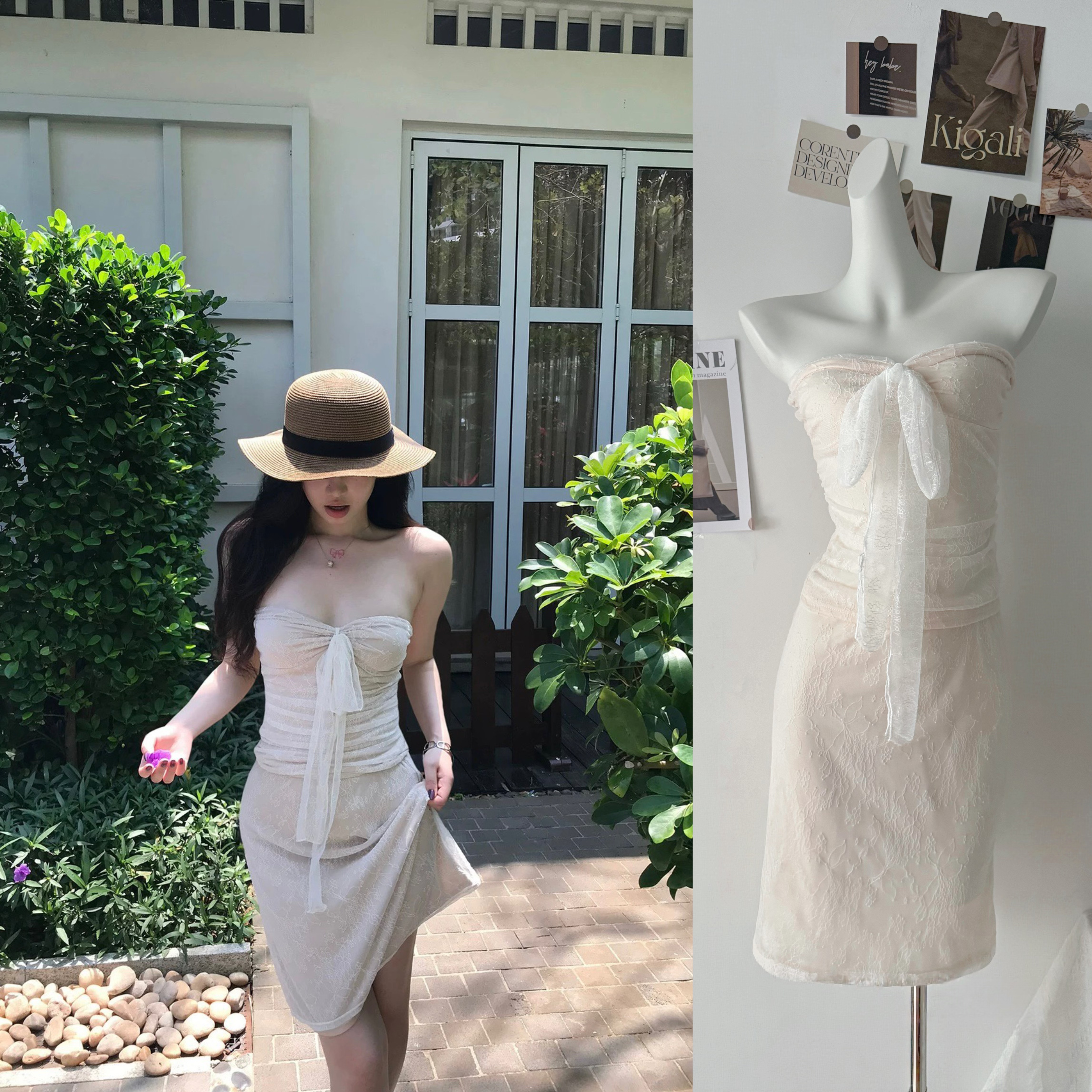 sheepland 둘 착용 행침 목 레이스업 주간 실크 아마 레이스 자카드 슬립 반신 치마 세트 여성 봄 여름