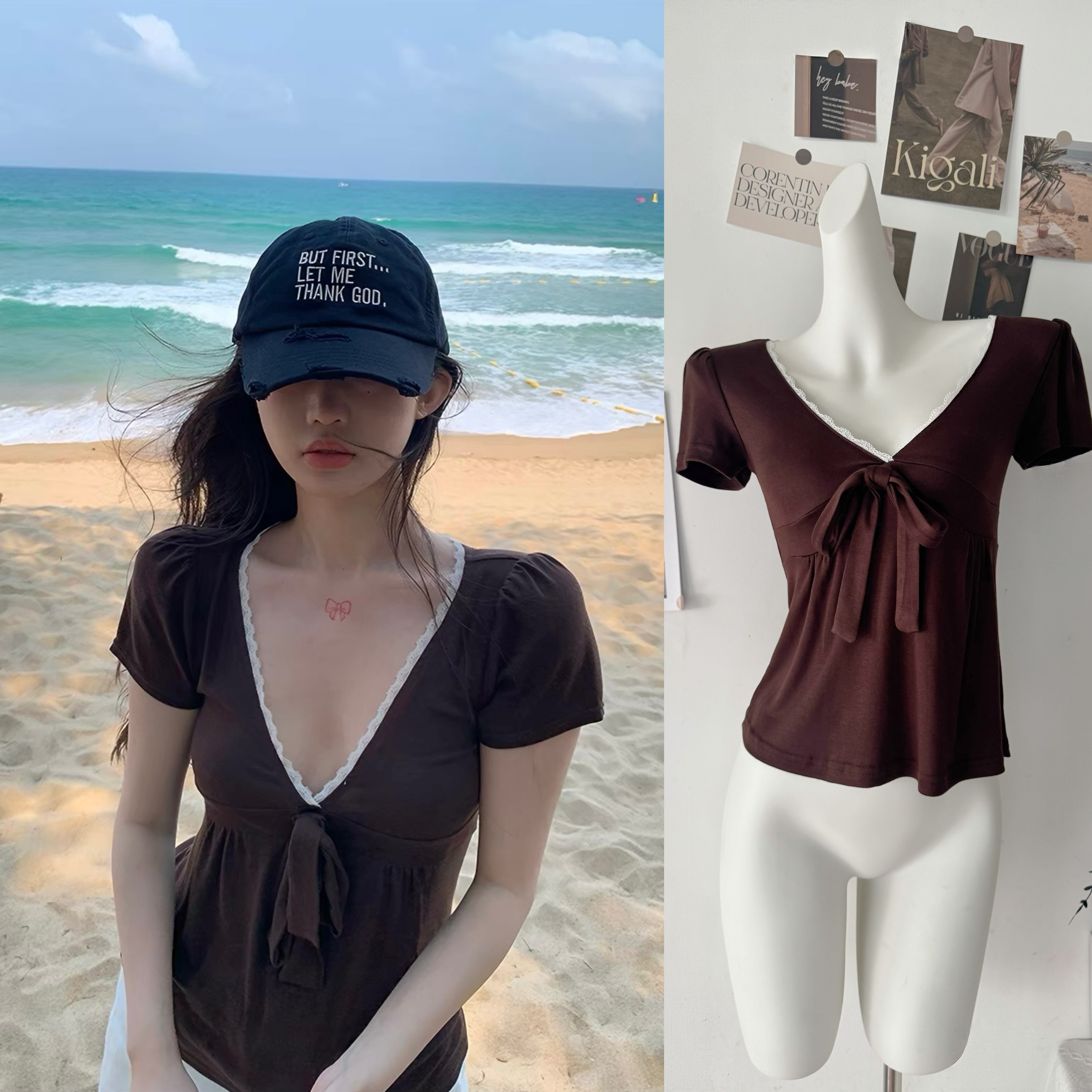 sheepland 이순신 다이안 장미 주간 실크 양모 V넥 레이스 측면 레이스업 반팔 티셔츠 여성 몸매 가꾸기 슬림해 보이는 맨위