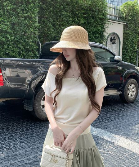 callmeear 작은 섬 Breeze 라이 경기 서울 주간 실크 비스듬한 어깨 레이스 티셔츠 여성 슬림해 보이는 핫걸 맨위