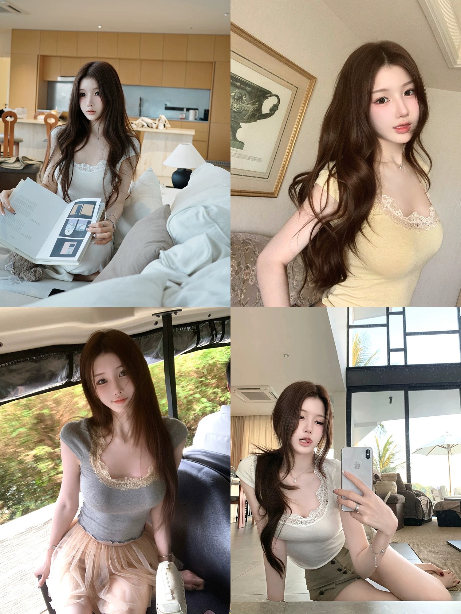bigking 다이 킨 홈 얕은 욕망 마이크로 대 u 칼라 레이스 측면 반팔 티셔츠 여성 몸매 가꾸기 순수한 욕망 맨위