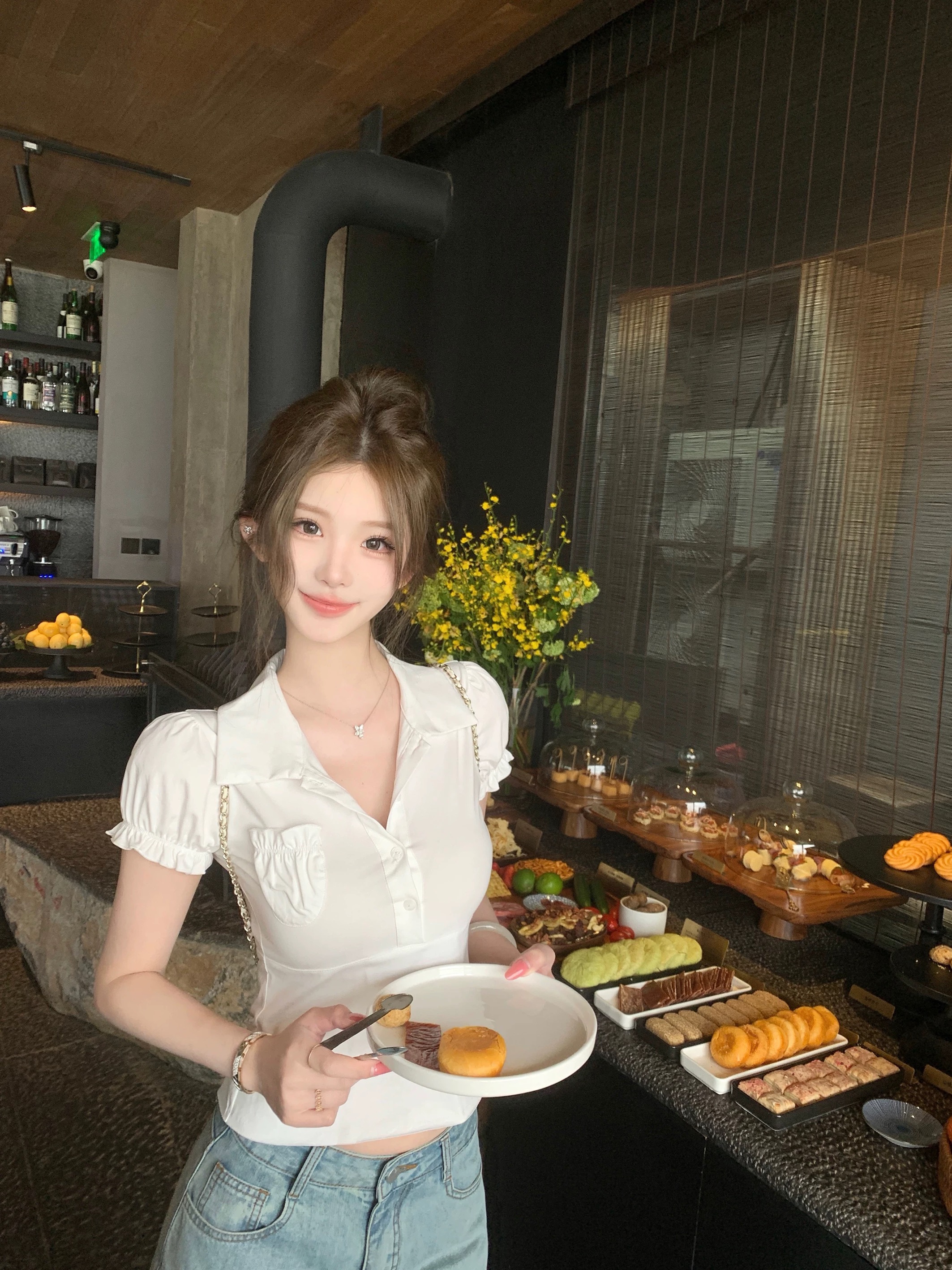 jmshop 학교 잡지 여신 연령 감소 소녀 센스 거품 소매 POLO 칼라 반팔 티셔츠 다용도 슬림해 보이는 맨위 여름