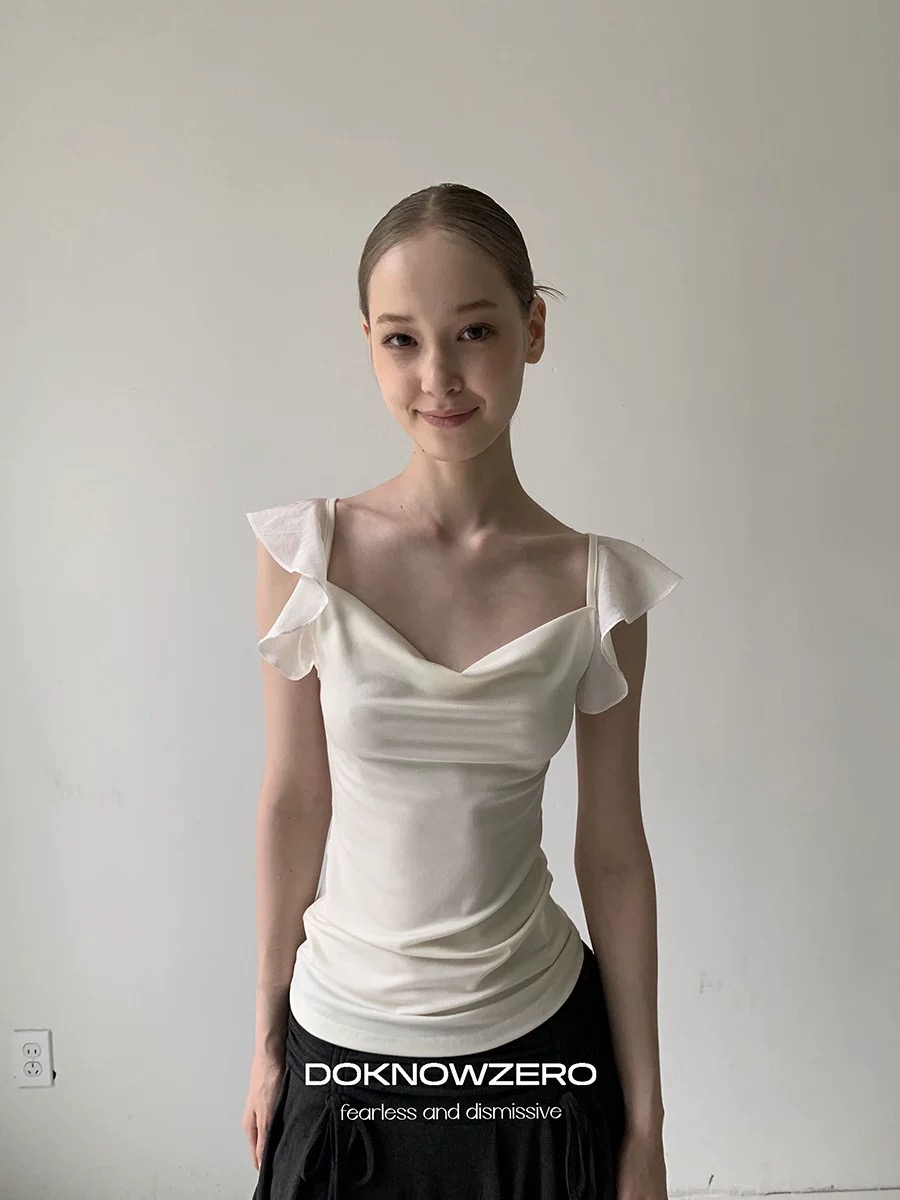 dkz 살구 색상 흔들다 칼라 조끼 여성 여름 새로운 몸매 가꾸기 디스플레이 얇고 작은 날다 소매 맨위