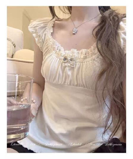 한 조각 부드러운 ~ 중 나비 매듭 스트랩 반팔 티셔츠 여름 새로운 달콤함 소녀 다용도 몸매 가꾸기 슬림해 보이는 맨위
