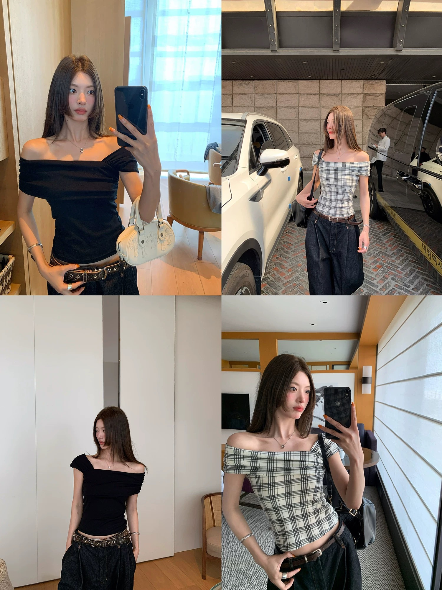 치아 세트 대 왕 쇄골 살인자 체크무늬 오프숄더 민소매 티셔츠 쇼트 스타일 몸매 가꾸기 슬림해 보이는 검정색 맨위