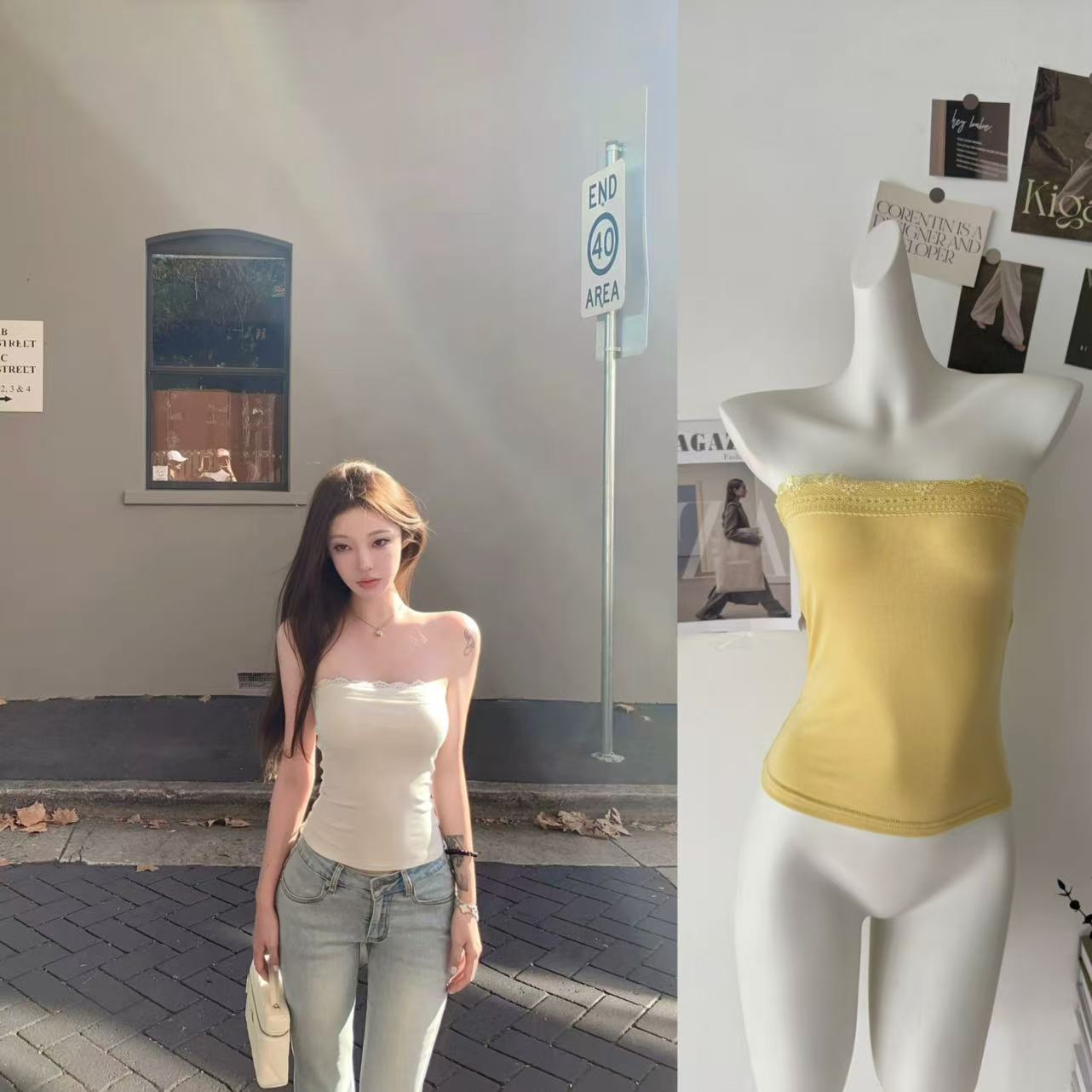 suuuicee 캘리포니아 주 한여름 탈착식 가슴 패드 순수한 욕망 레이스 조각 디자인 외출용 튜브탑 작은 맨위