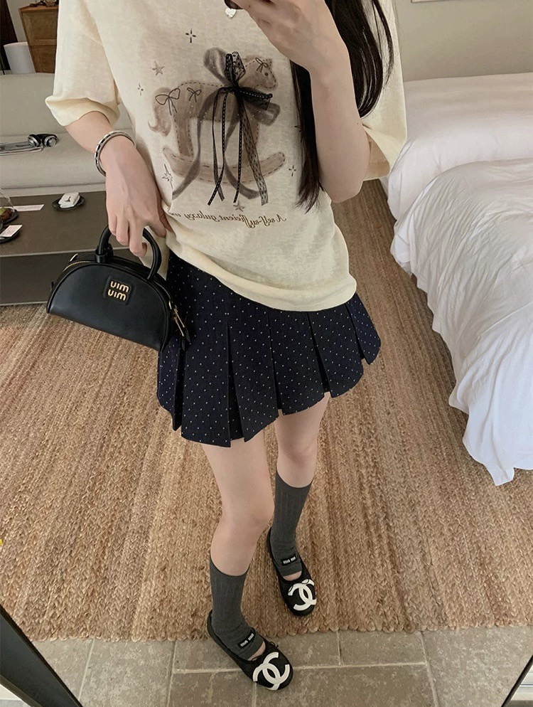 장 베이 베이 ibell 사선 무늬 tr 한 부서 도트 무늬 자카드 한 마디 플리츠 미니 스커트 슬림해 보이는 다용도 소녀 센스 반신 스커트