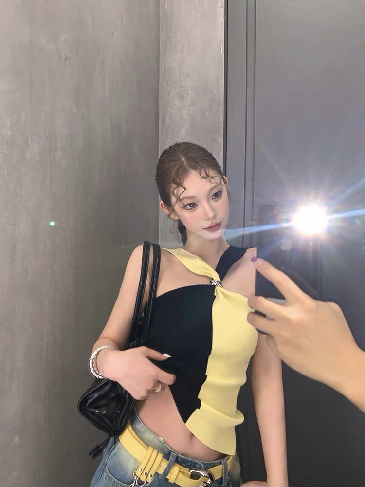 okaaay 바 남자 그리드 가볍게 하다 럭셔리 금속 버클 패치워크 색상 행침 목 맨위 여성 여름 섹시함 오프숄더 캐미솔