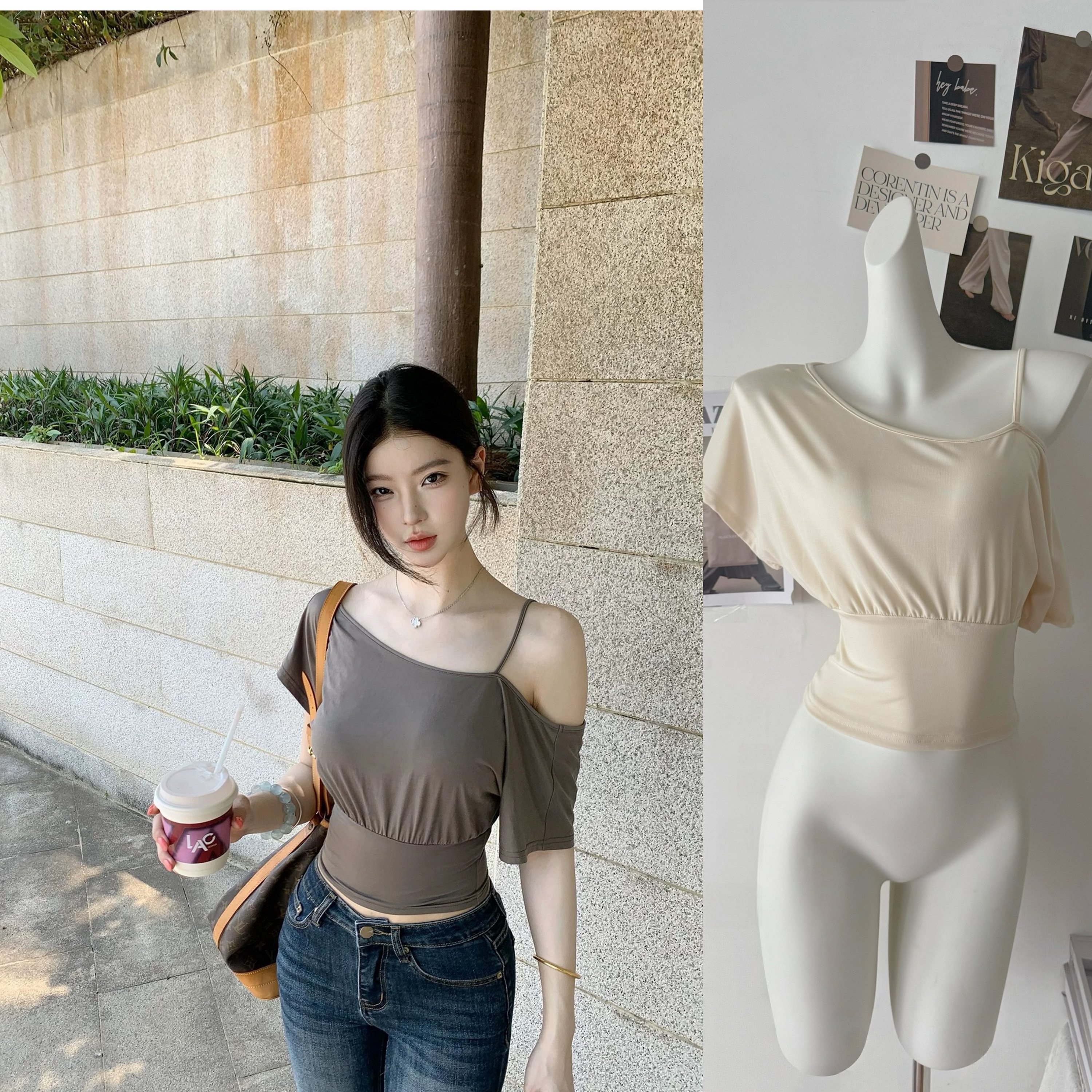 fart shop 빛 산소 수식 라이 경기 서울 슬립 비스듬한 어깨 허리 수축 짧은 티셔츠 여성 봄 여름 도루 센스 맨위