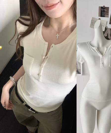 hhyii 인력 한 조각 화이트 단추 헨리 칼라 반팔 티셔츠 여성 여름 한 부서 몸매 가꾸기 슬림해 보이는 캐주얼 맨위