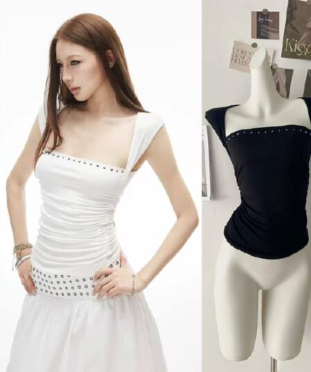 iamxiaa 실크 미끄러짐 라이 경기 서울 낮은 가슴 오히라 구두 징 핫픽스 플리츠 슬림해 보이는 몸매 가꾸기 티셔츠 기초 2 색