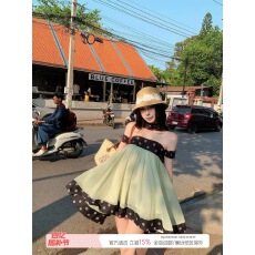 批发Pinksoya粉豆子 波点露背抹胸连衣<b class='q'>裙</b>女夏季撞色不规则<b class='q'>网纱</b>蓬蓬<b class='q'>裙</b>