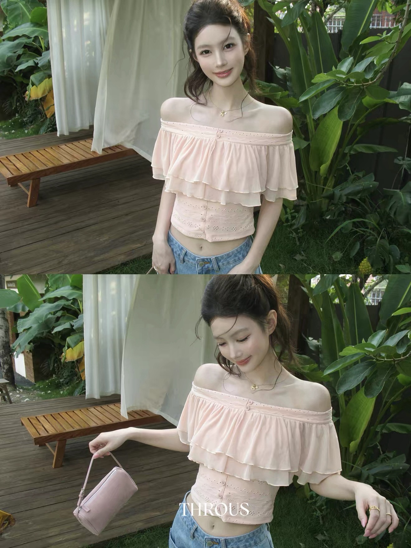 감사합니다. 아니요 고기 프릴 오프숄더 쇼트 스타일 티셔츠 여성 여름 캐주얼 바람 계층의 감각 디자인 센스 몸매 가꾸기 맨위