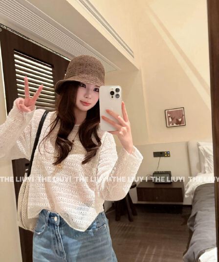 liuyi 하계 여름 홀로우 아웃 니트 통기성 긴팔 블라우스 맨위 64286