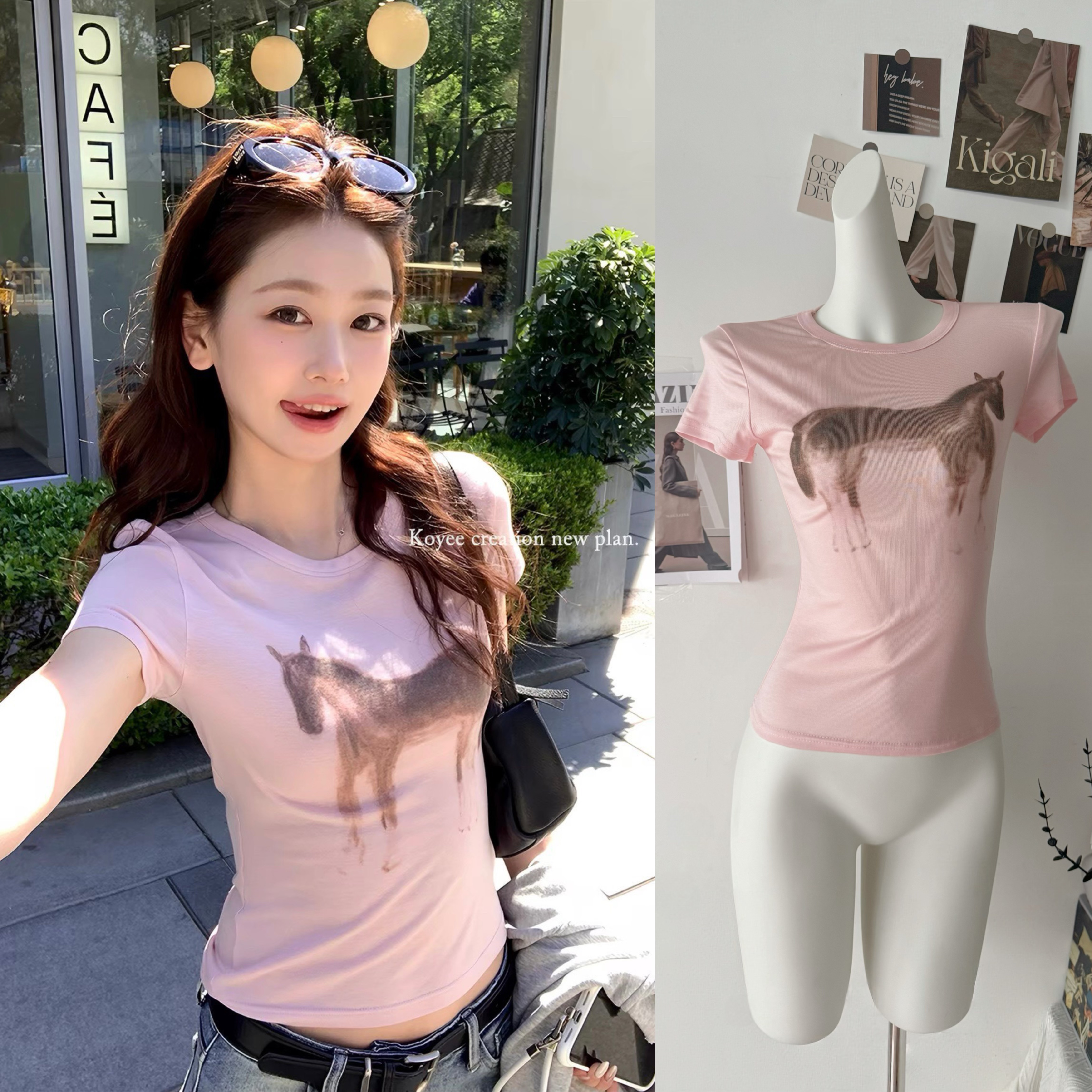 구멍 곡물 1 종 얇은 부드러운 핑크색 작은 말 프린트 반팔 티셔츠 여성 여름 새로운 몸매 가꾸기 슬림해 보이는 쇼트 스타일 긍정적 인 어깨 의류