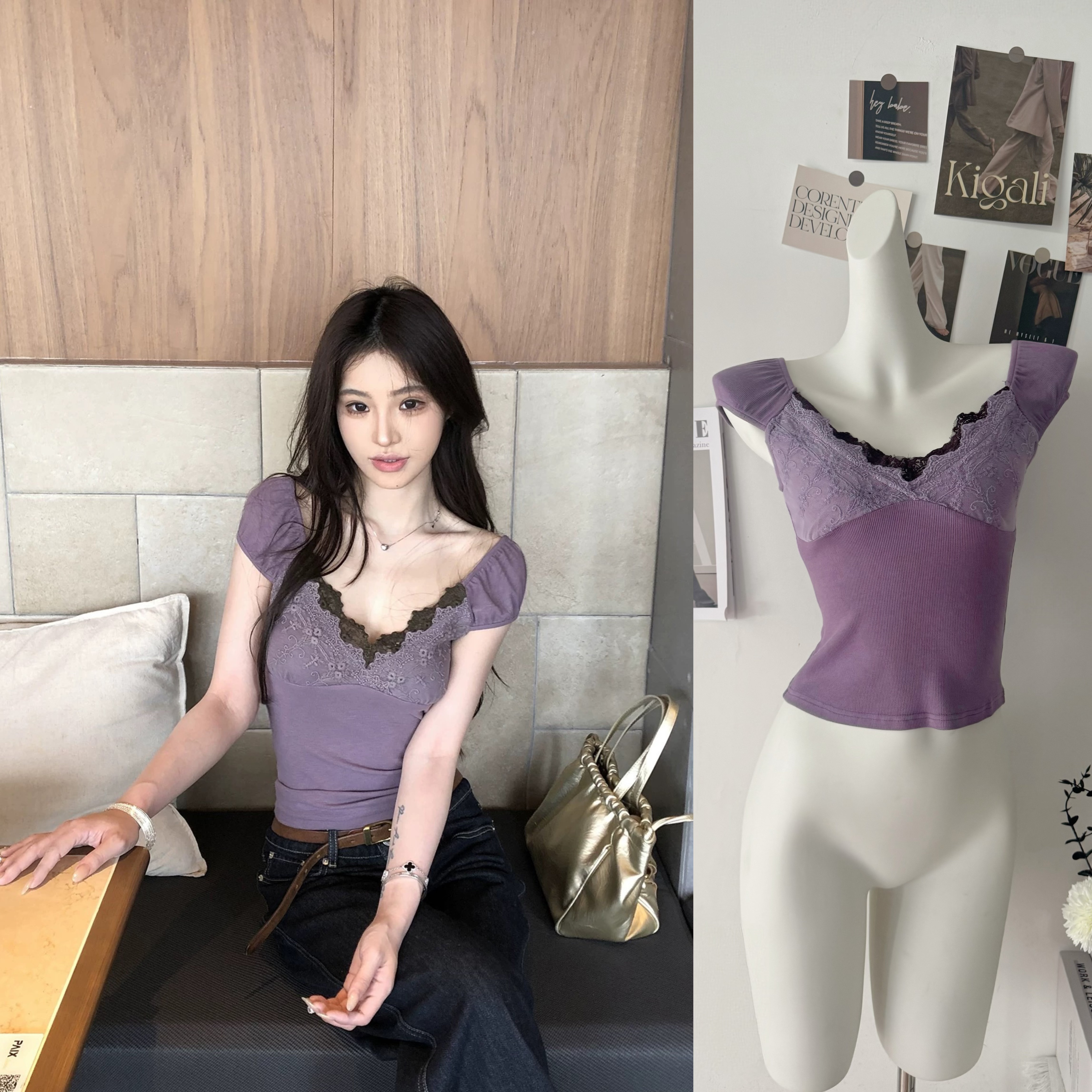 레드 맨 파빌리온 긍정적 인 어깨 반팔 티셔츠 여성 2026 새로운 여름 착용 가져 가라. V넥 보라색 쇼트 스타일 한 부서 디자인 센스 맨위