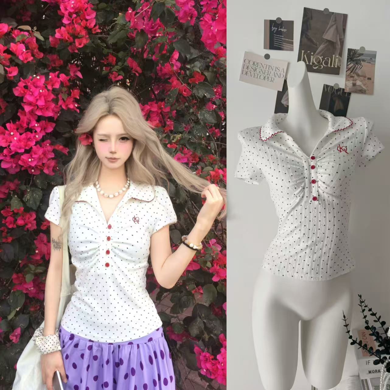 화이트 작은 물고기 오리지널 레트로 도트 무늬 POLO 칼라 반팔 티셔츠 여성 여름 몸매 가꾸기 아름다운 아름다운 긍정적 인 어깨 작은 맨위