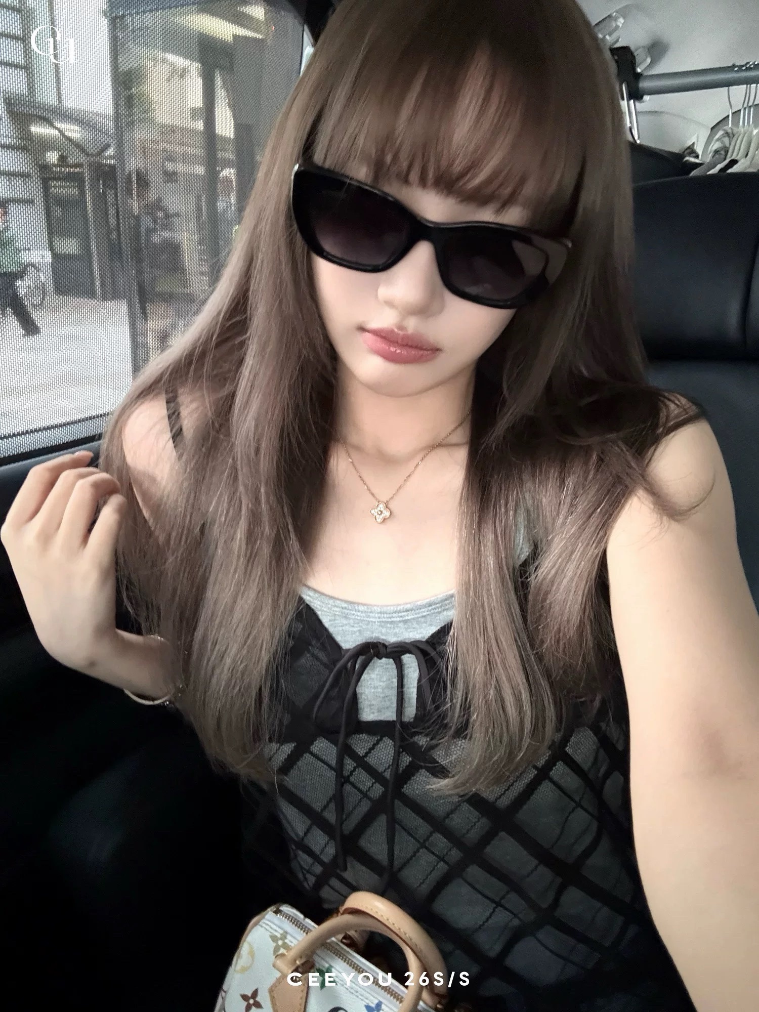 ceeyou05 16 20 00 신제품 시스루 메시 그리드 u 칼라 조끼 스택 착용 세트