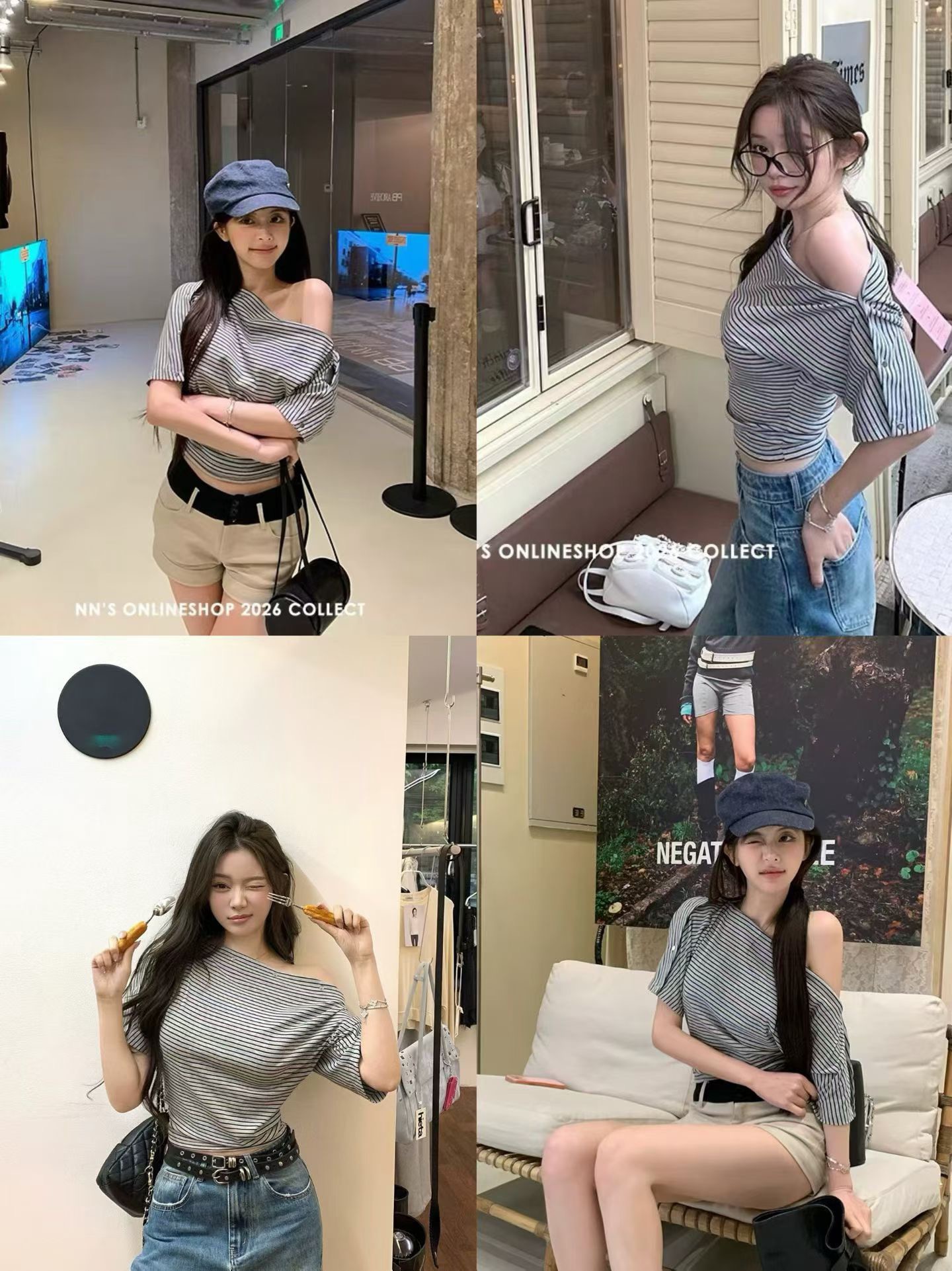 순수한 욕망 비스듬한 어깨 스트라이프 반팔 티셔츠 여성 여름 프랑스식 허리 수축 슬림해 보이는 디자인 센스 섹시함 핫걸 쇼트 스타일 맨위