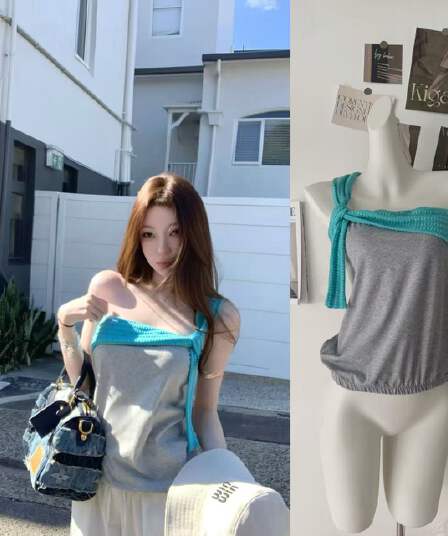 suuuicee 사탕 타트 비틀림 자수 싱글 슬립 배색 디자인 루즈핏 슬립 맨위