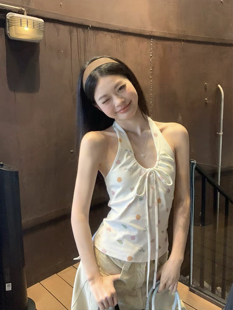 송 긍정적 인 En 화이트 만화 프린트 행침 목 캐미솔 여름 외출용 새로운 디자인 센스 몸매 가꾸기 민소매 맨위